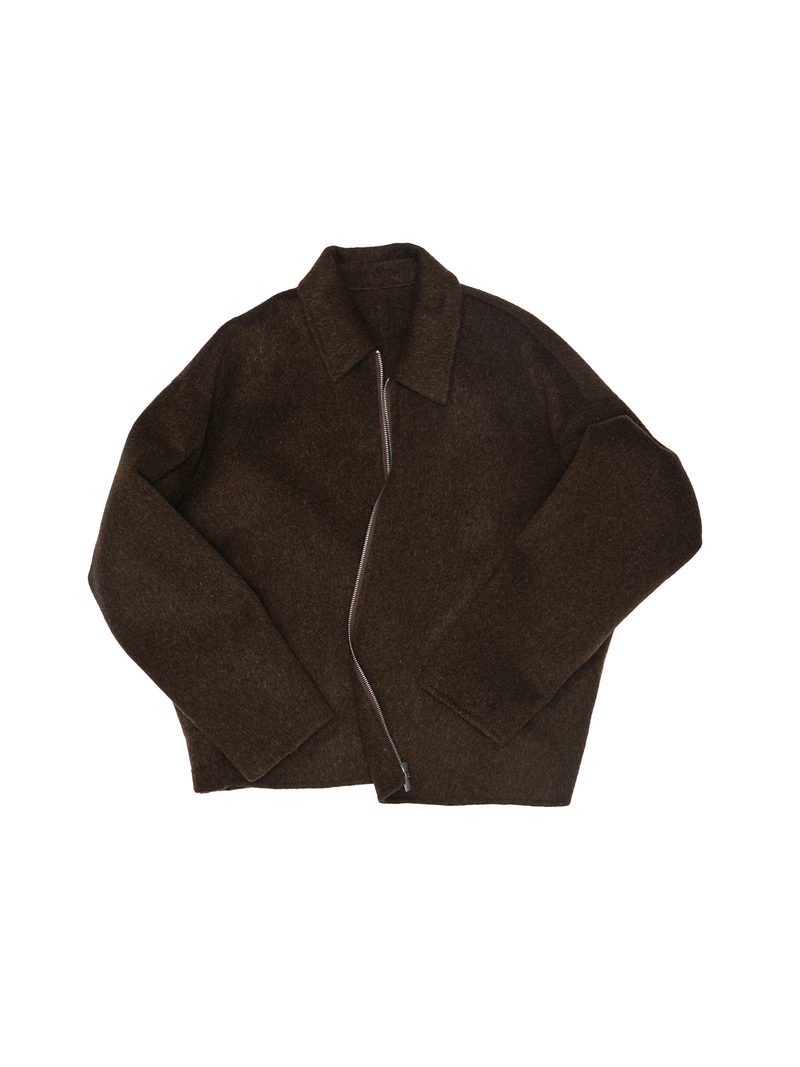 Veste Zippée à Col Doux en Laine in Marron